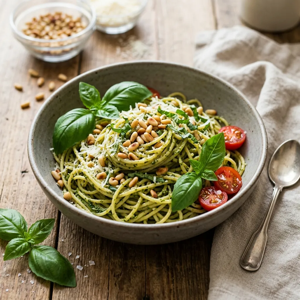 Gluten-Free Pesto Pasta With Toasted Pine Nuts