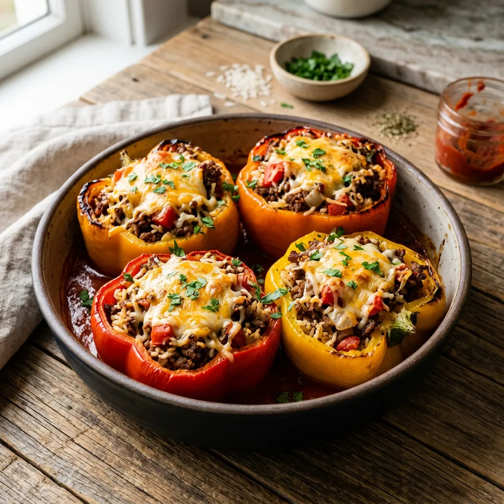 Finished Gluten-Free Stuffed Peppers With Ground Beef, Rice, and Cheese dish
