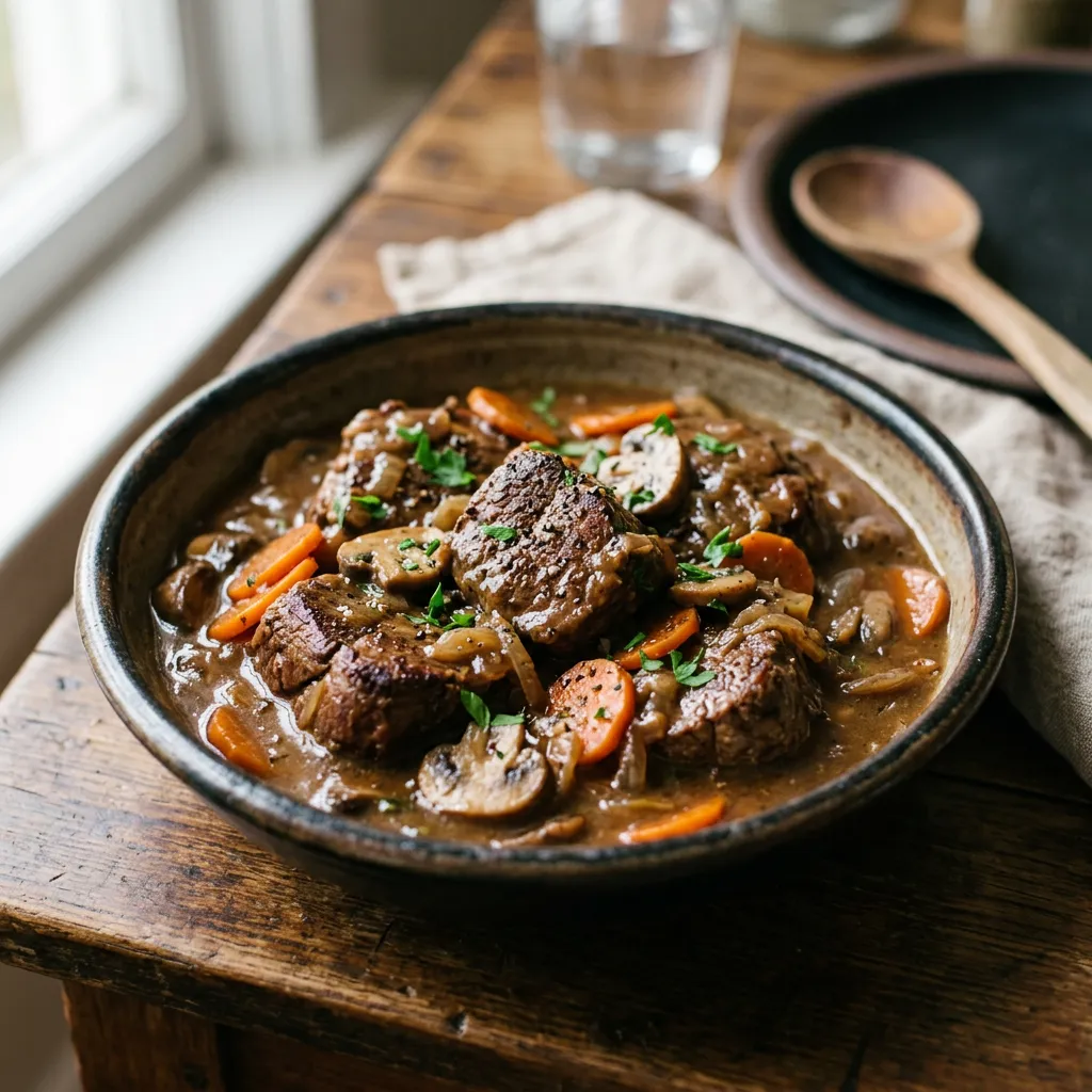 Finished Gravy and Vegetables Slow Cooker Round Steak dish