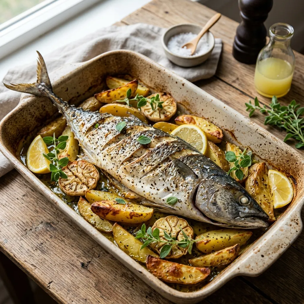 Greek Baked Bonito With Herbs & Potatoes (Palamitha sto Fourno)