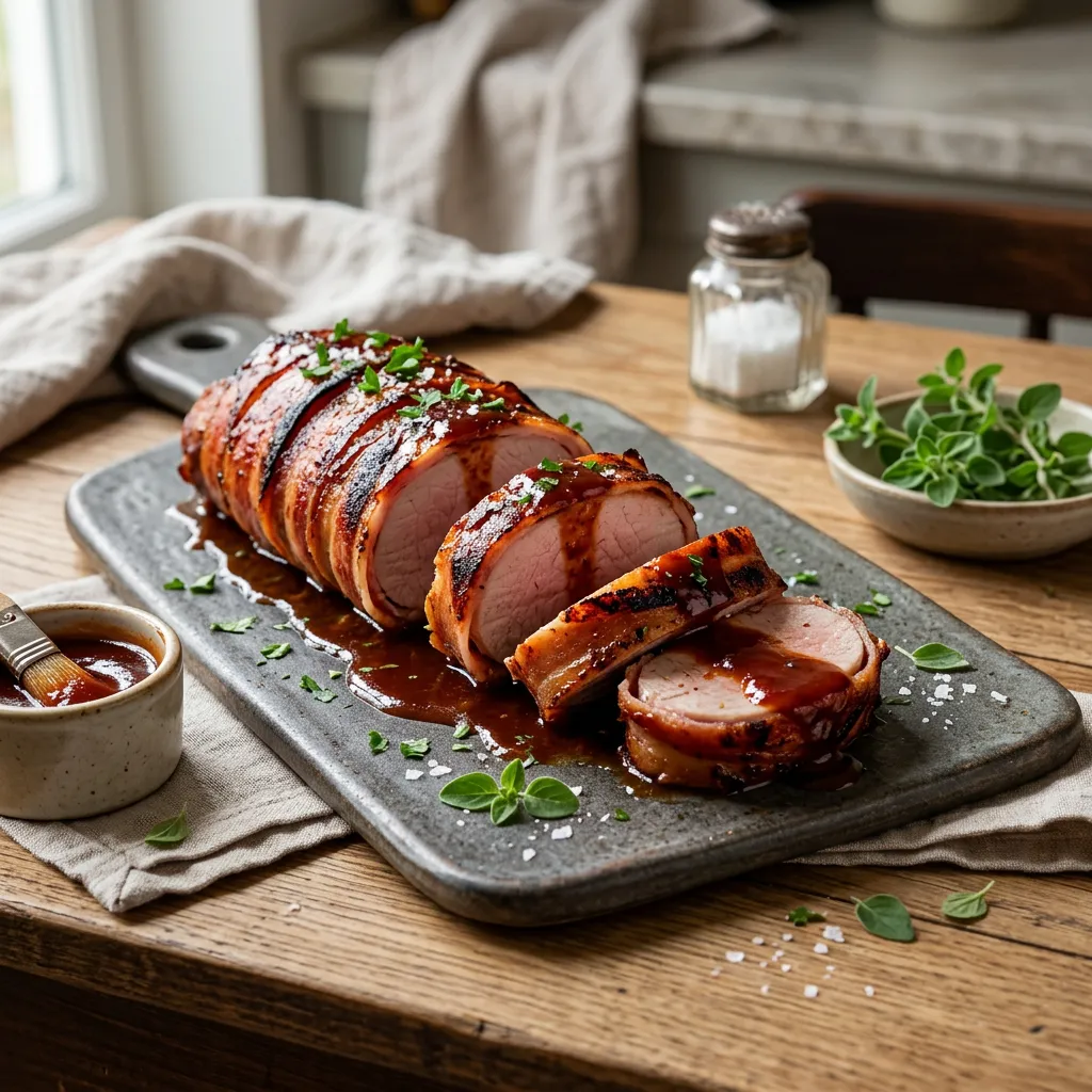 Finished Grilled Bacon-Wrapped Pork Tenderloin dish