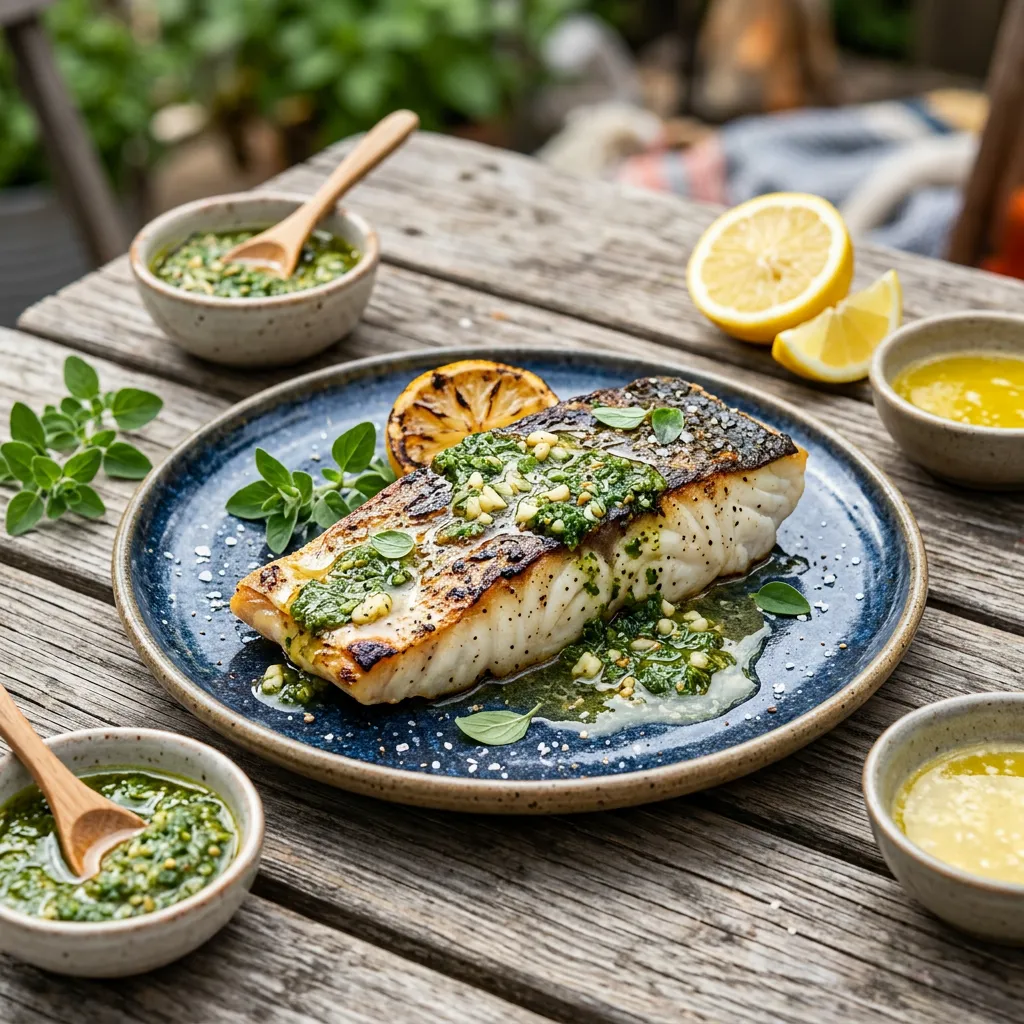 Grilled Chilean Sea Bass With Garlic Butter and Oregano Pesto