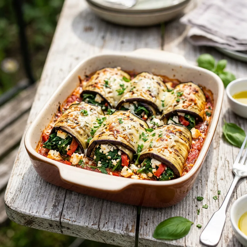 Grilled Eggplant Rolls Stuffed With Spinach and Feta Cheese