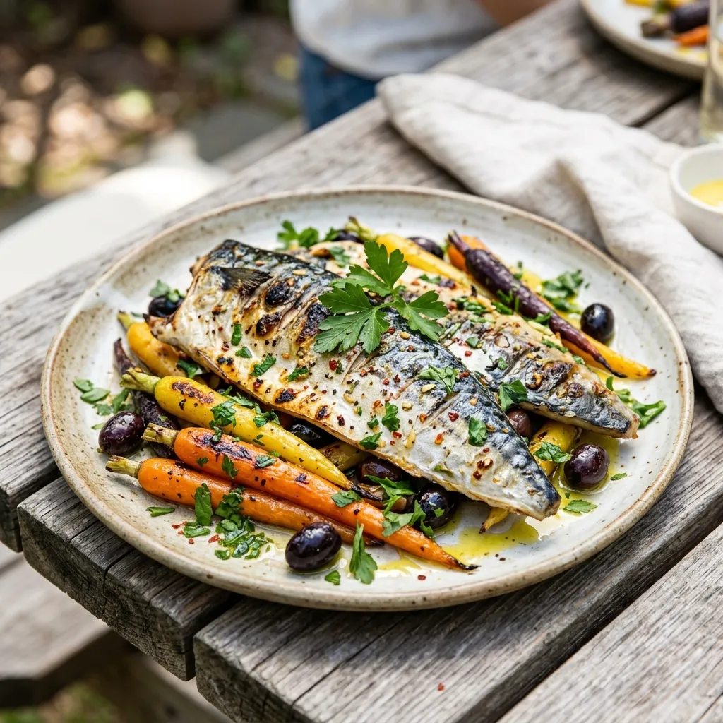 Grilled Mackerel With Roasted Rainbow Carrots, Black Olives, and Yuzu