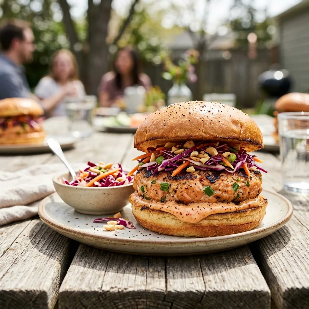 Grilled Salmon Burgers With Radicchio Slaw and Sambal Mayonnaise