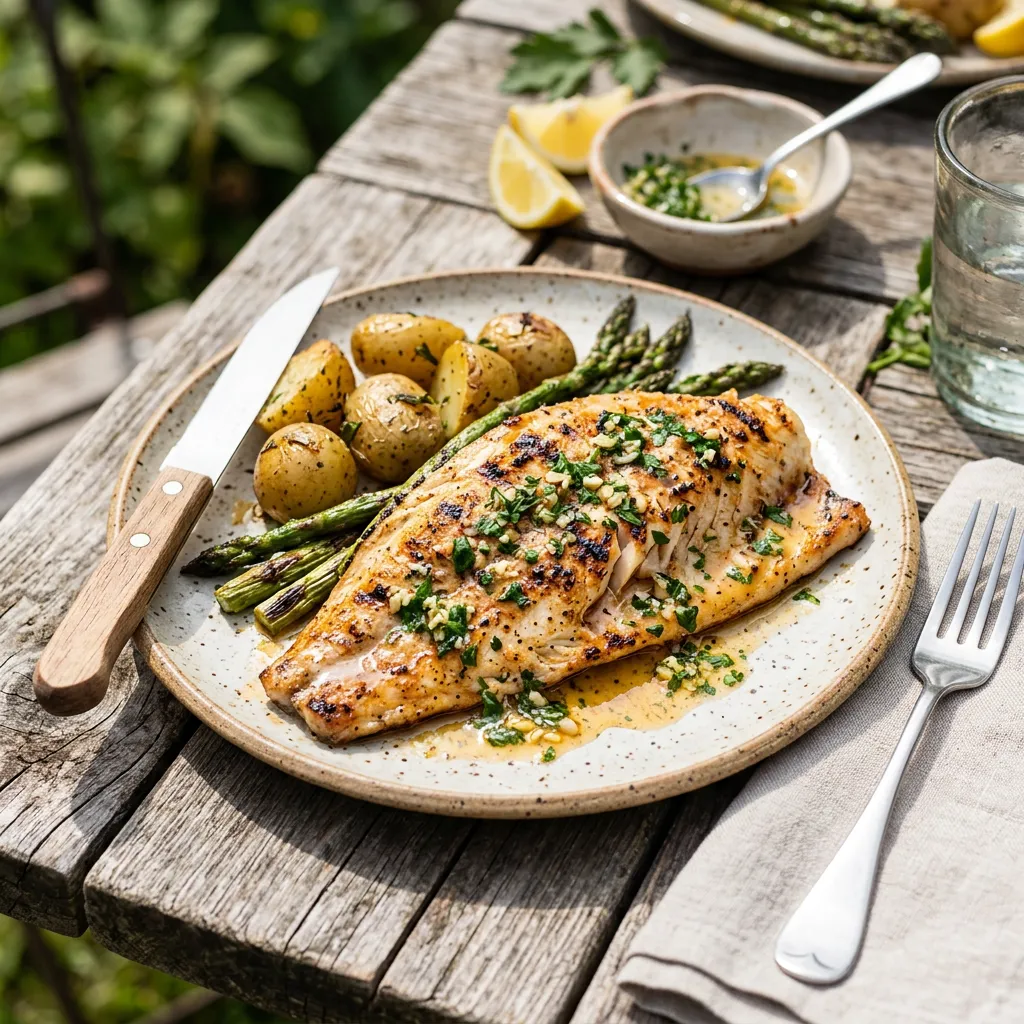 Finished Grilled Sea Bass With Garlic Butter dish