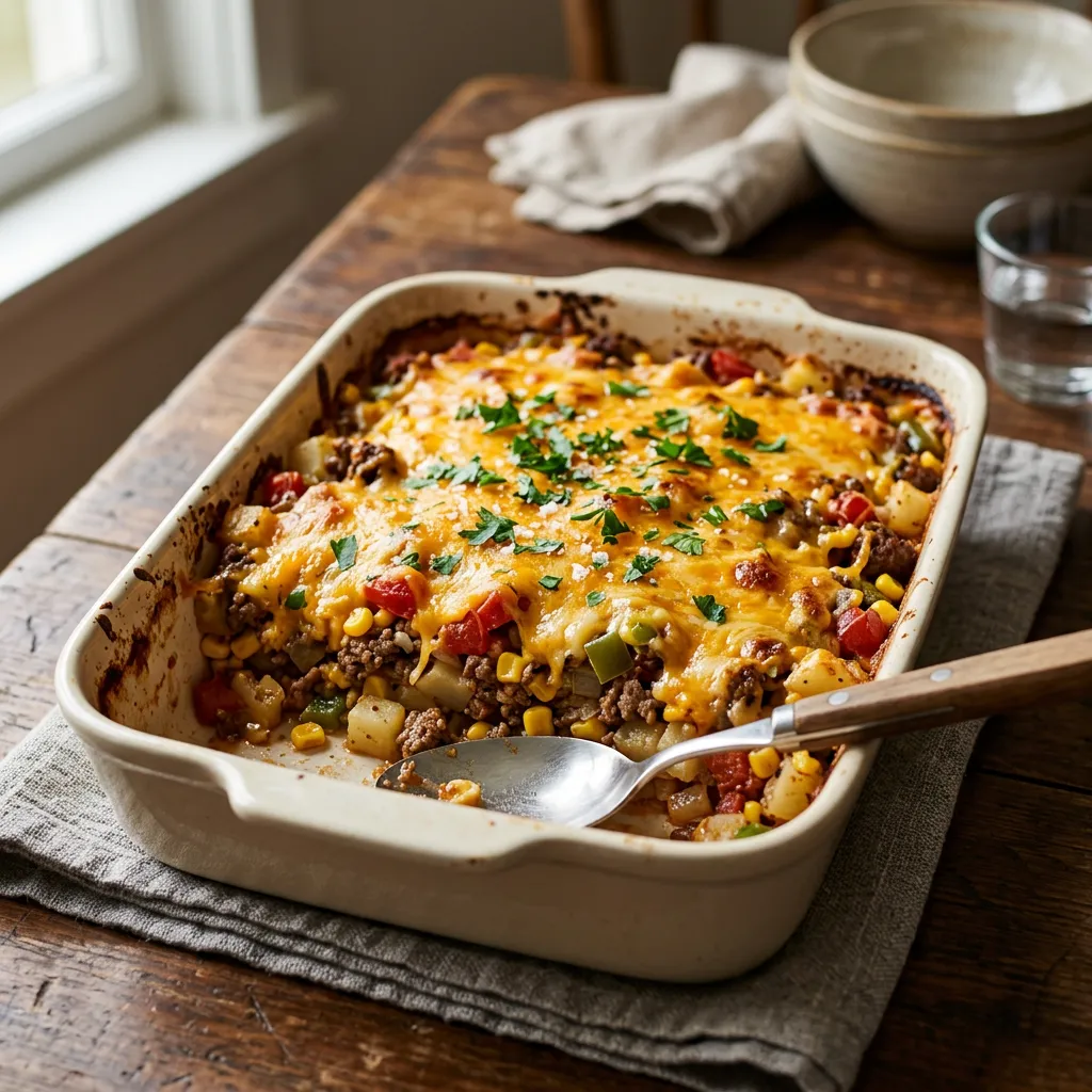 Finished Ground Beef Casserole With Potatoes and Cheese dish