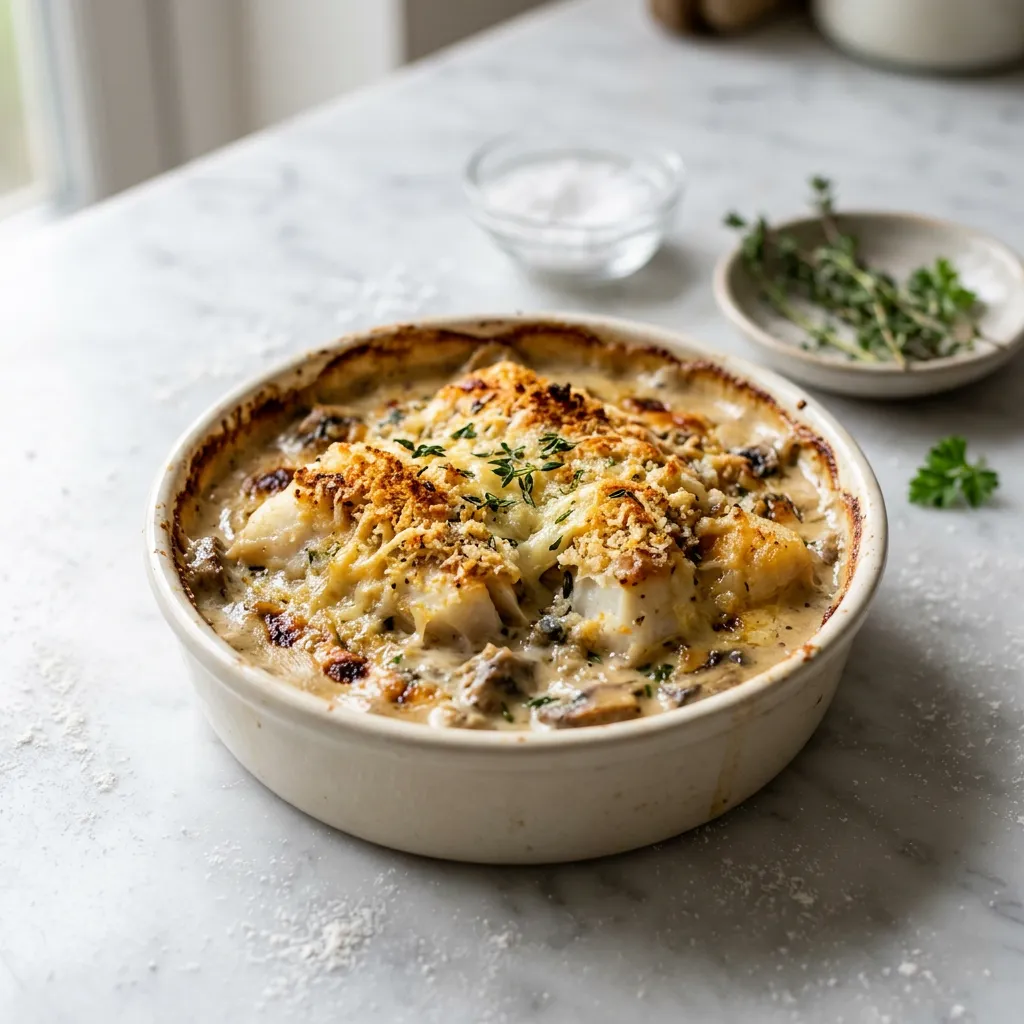 Haddock Gratin With Mushroom Cream Sauce