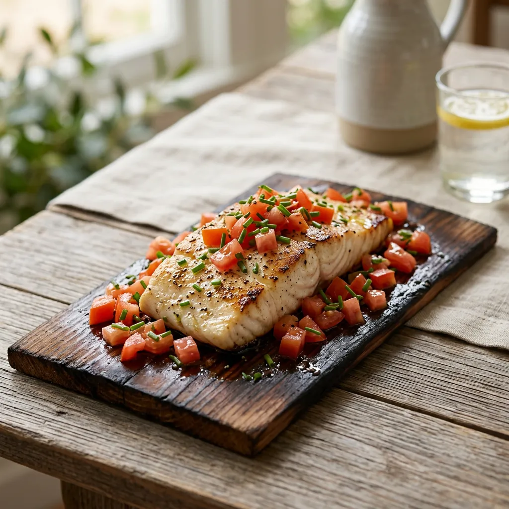 Halibut Takes on a Light Smoky Taste When Grilled on a Cedar Plank