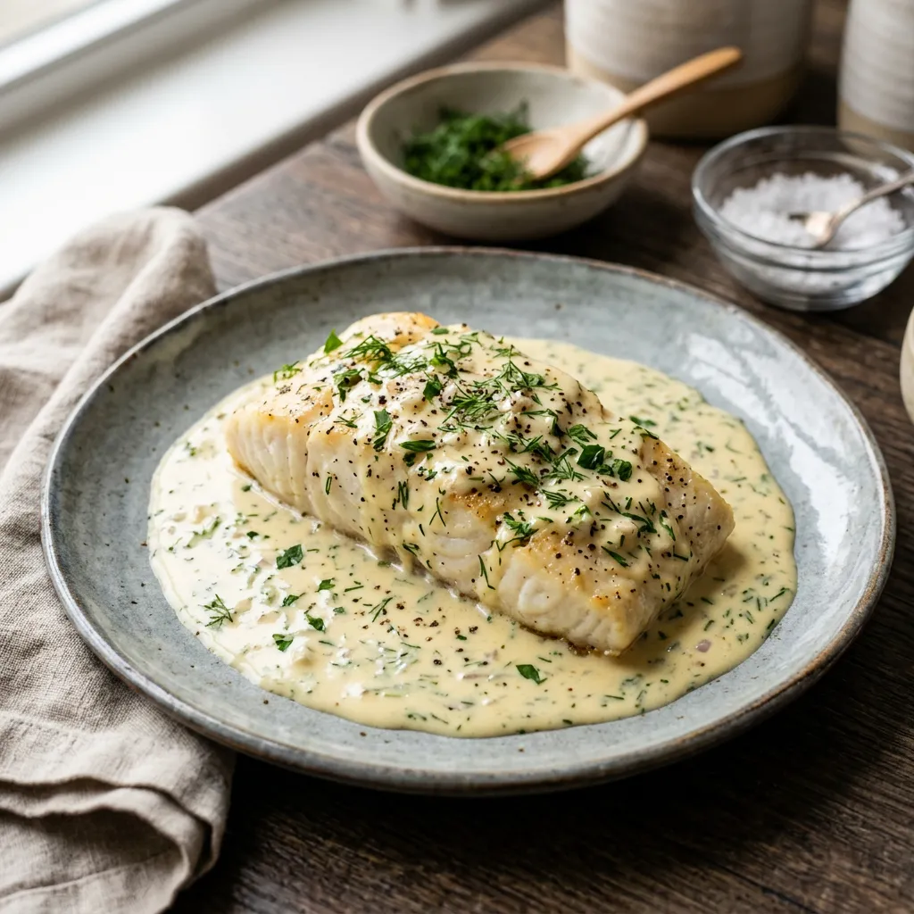 Finished Halibut With Creamy Dill Sauce dish