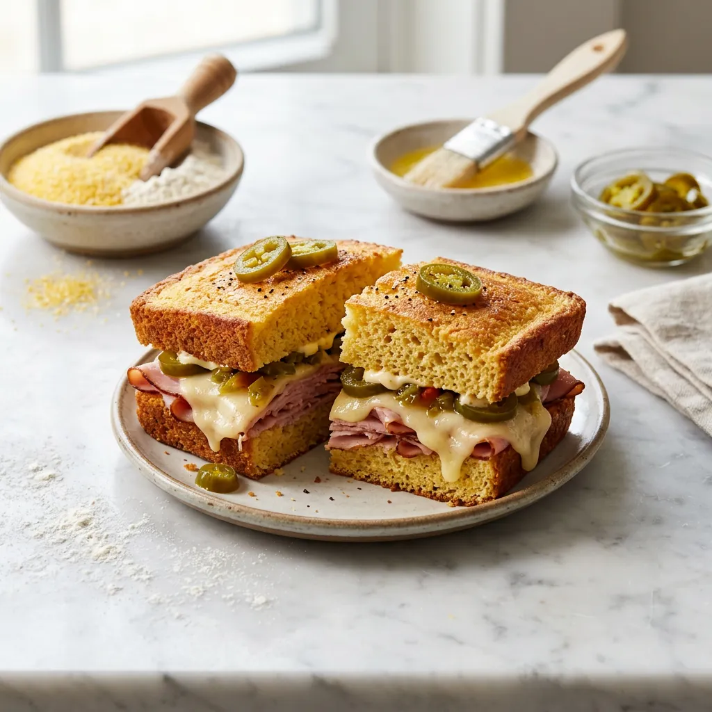 Ham and Cheese Cornbread Sandwich With Pickled Jalapenos Recipe