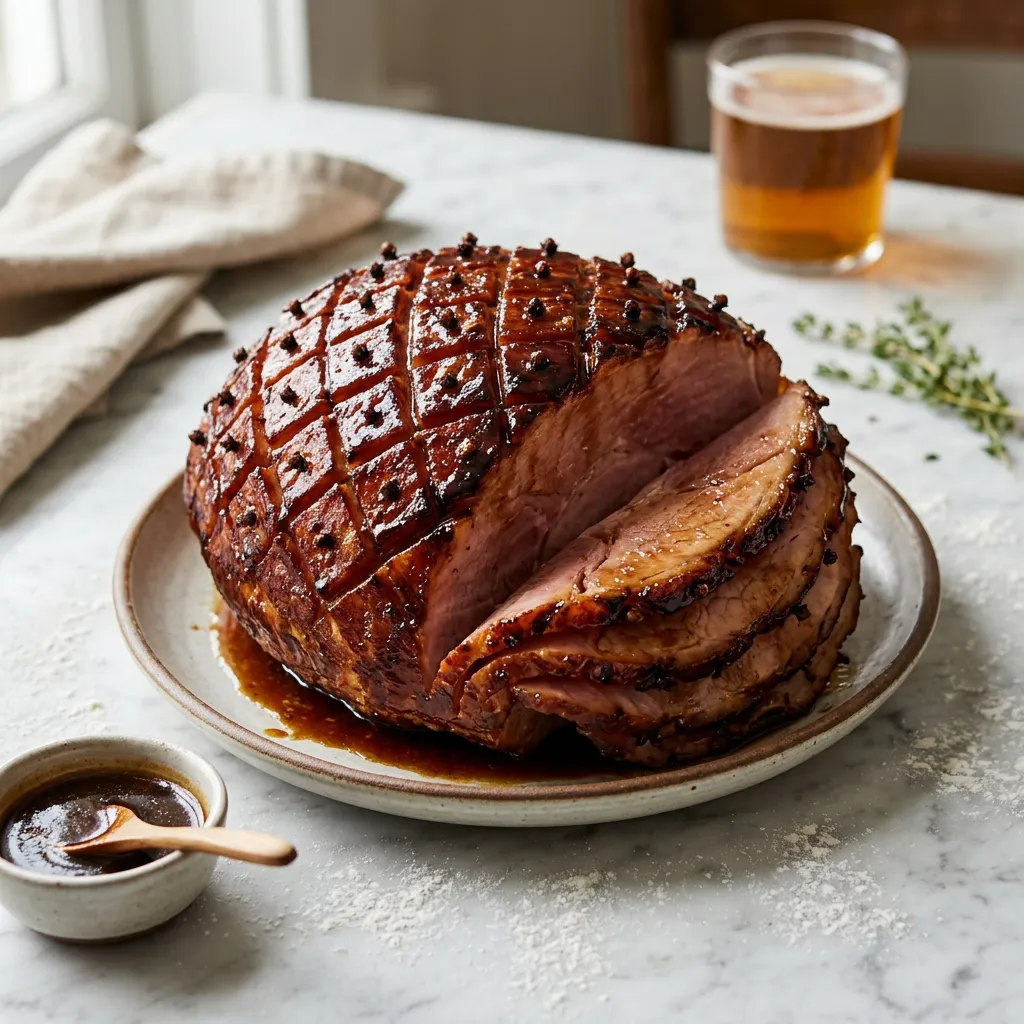 Finished Ham With Beer and Brown Sugar Glaze dish