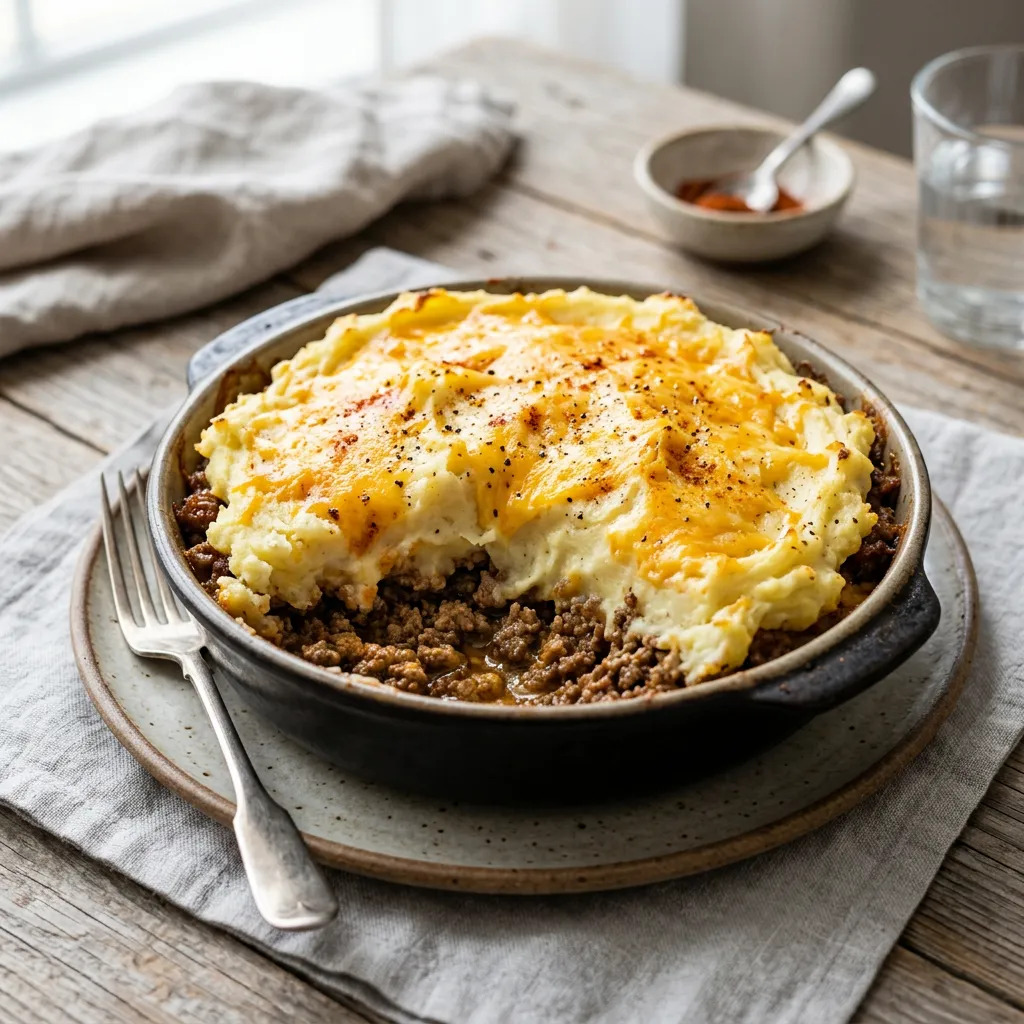 Finished Hamburger Casserole With Mashed Potatoes dish