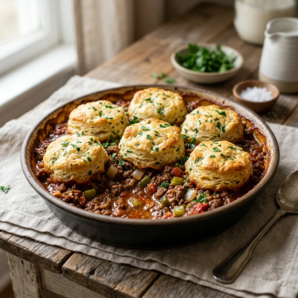 Finished Hamburger Upside-Down Casserole With Biscuit Topping dish