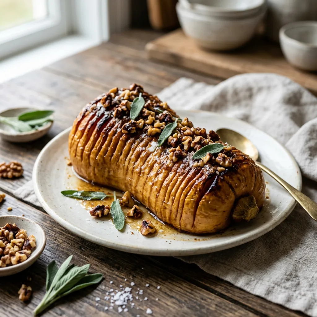 Finished Hasselback Butternut Squash Recipe dish