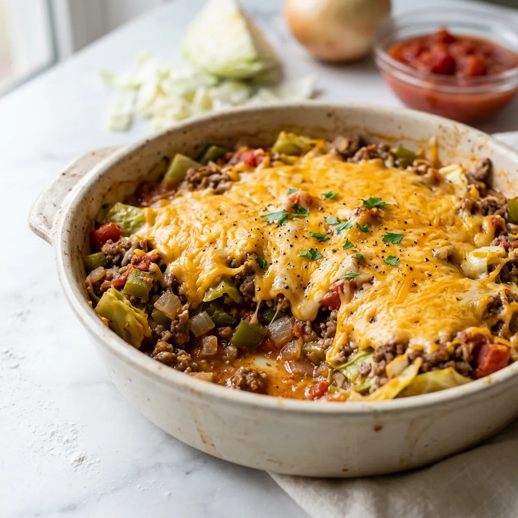 Finished Hearty Cabbage Casserole with Ground Beef dish