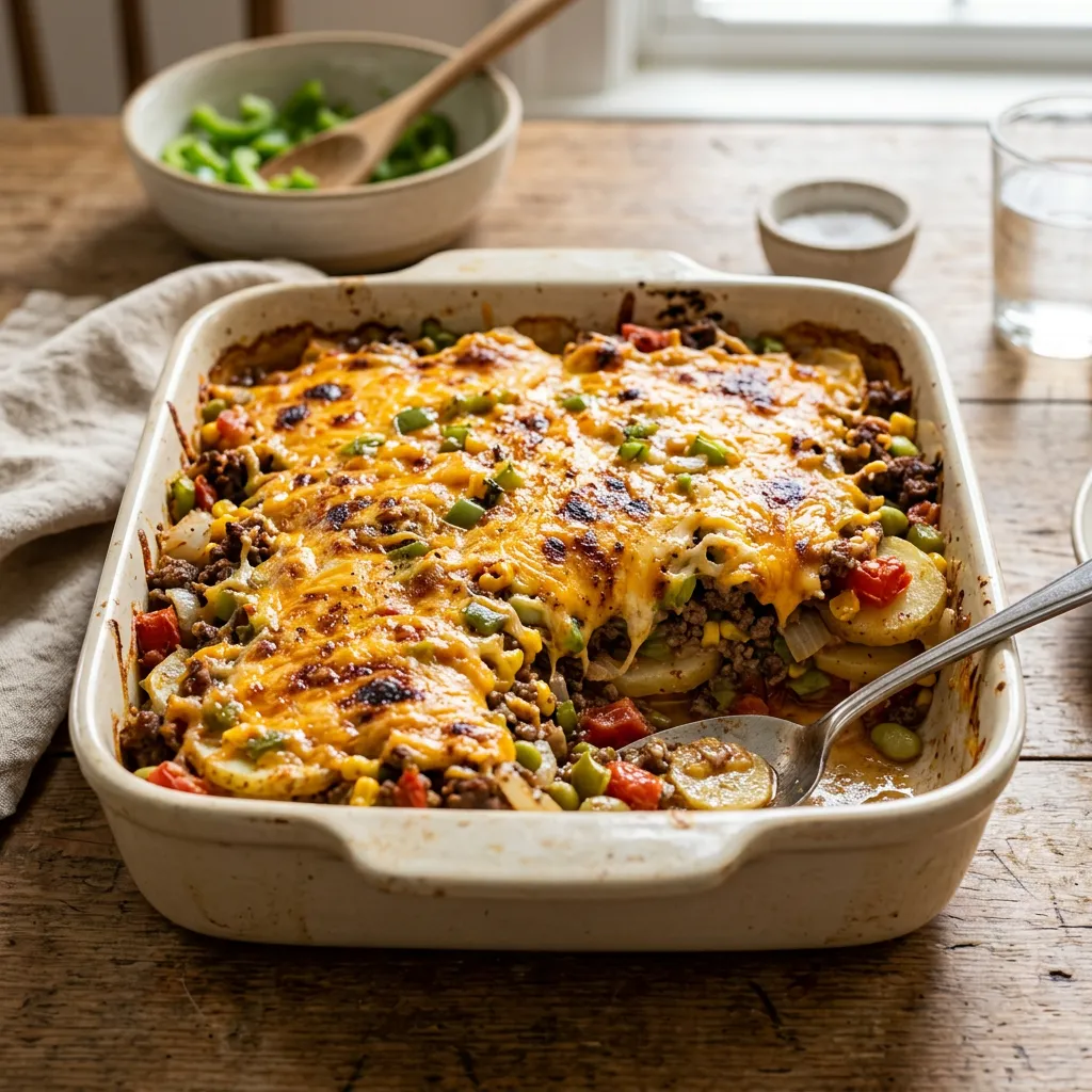 Finished Hearty Hamburger and Potato Casserole dish