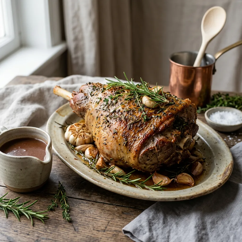 Finished Herb and Garlic Roasted Leg of Lamb dish