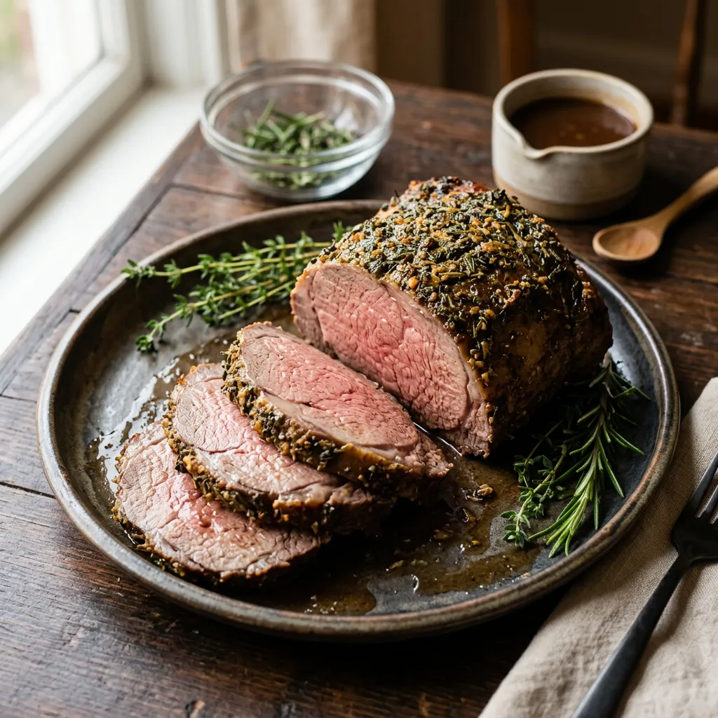 Herb Crusted Beef Top Loin Roast With Pan Gravy
