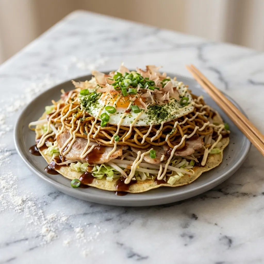 Hiroshima Style Okonomiyaki (Japanese Savory Pancake)