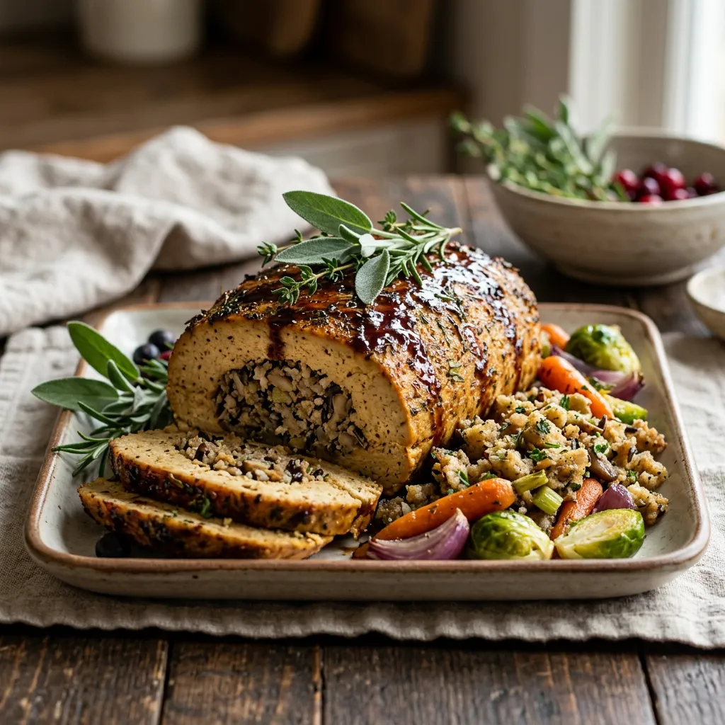 Finished Homemade Vegetarian Tofu Turkey With Stuffing dish