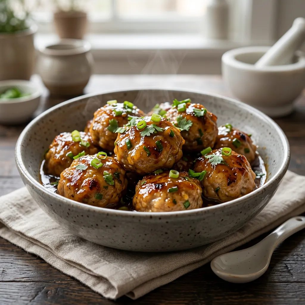 Finished Honey Garlic Pork Meatballs dish