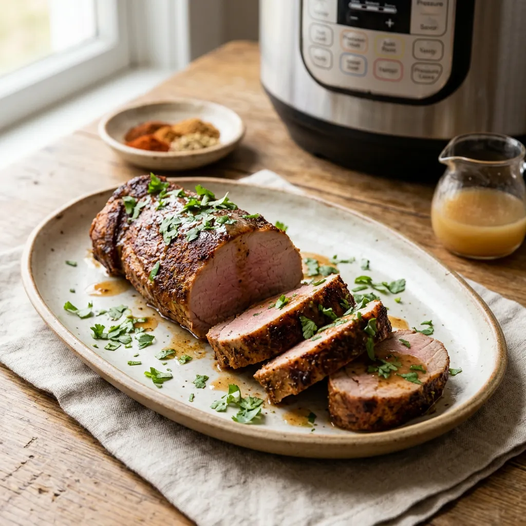 Finished Instant Pot Pork Tenderloin Recipe dish