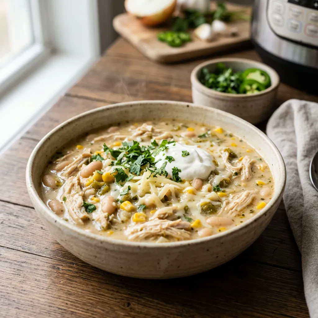Finished Instant Pot White Chicken Chili Recipe dish