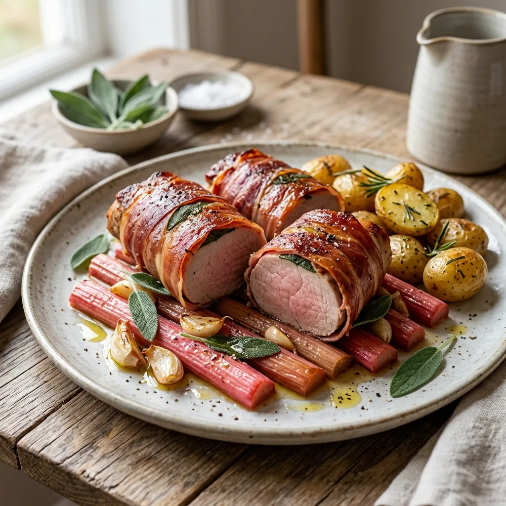 Jamie Oliver's Marinated Pork Fillet Roasted on Rhubarb