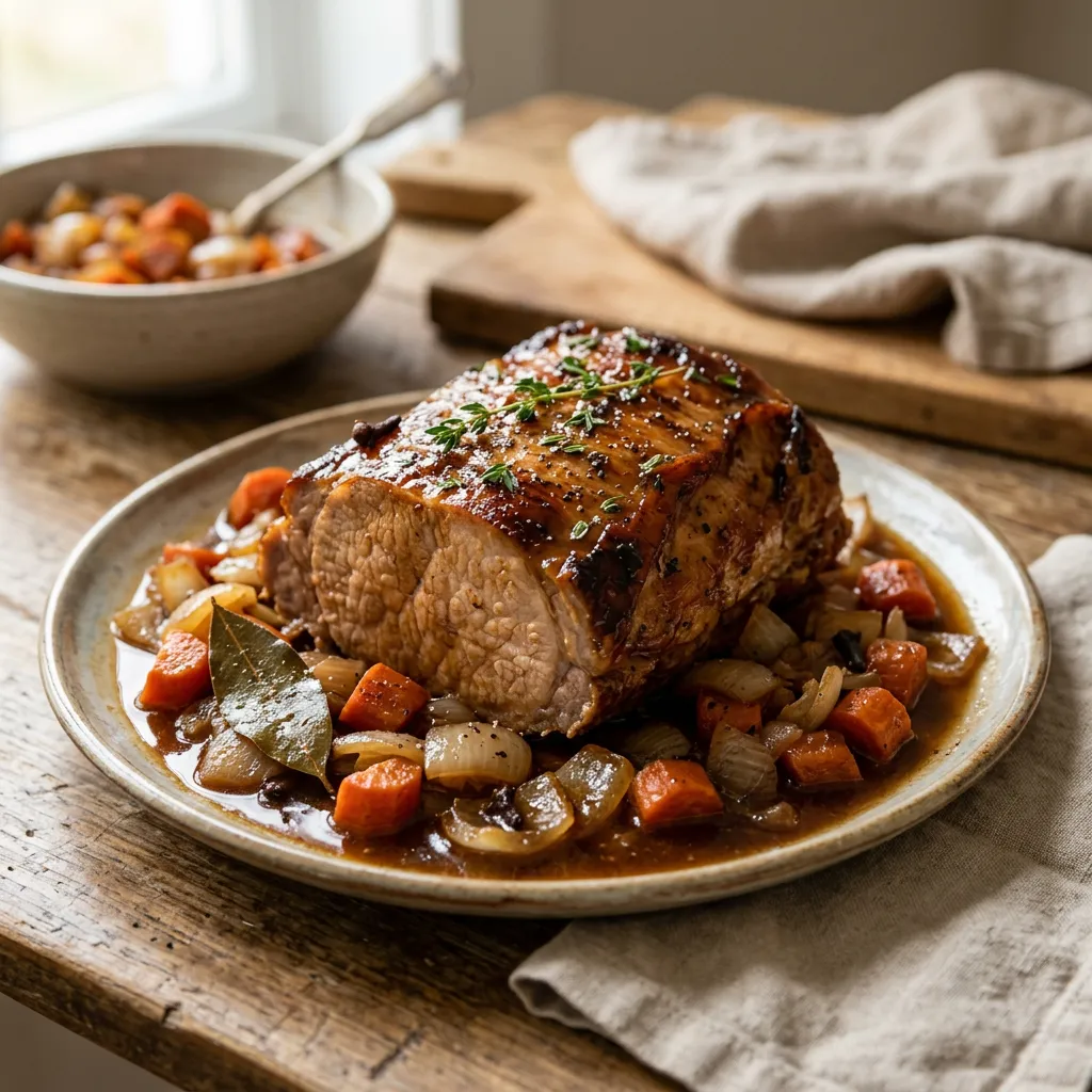 Juicy Beer-Braised Pork Loin With Carrots and Onions