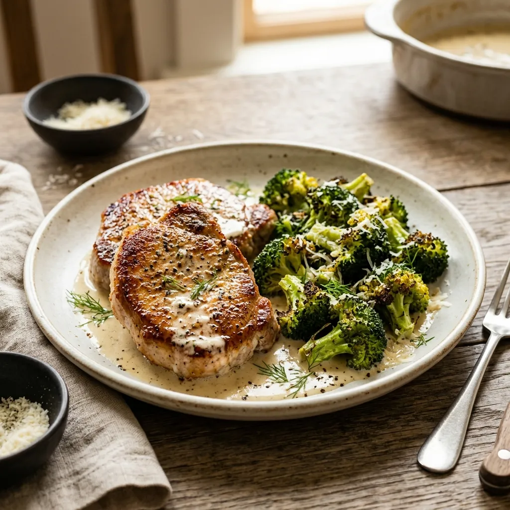 Keto Pork Chops With Roasted Broccoli and Fennel