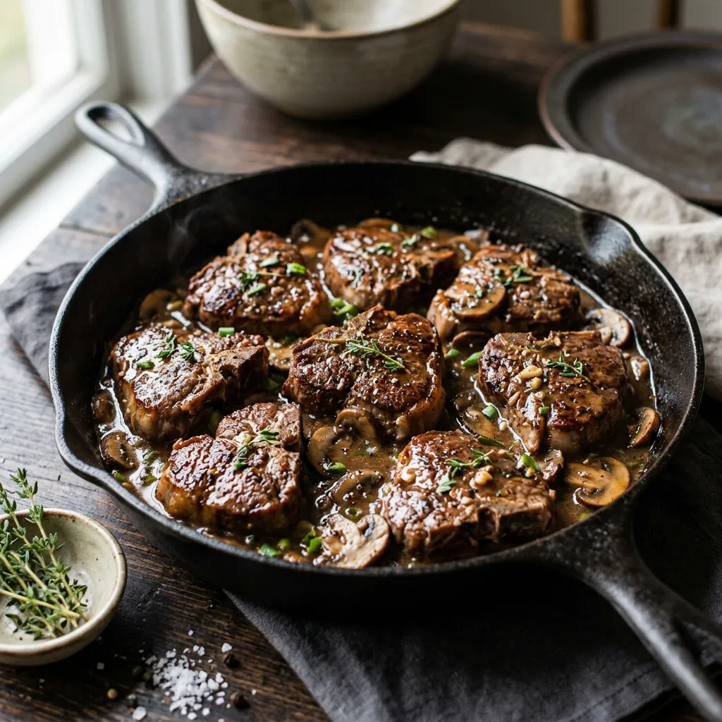 Finished Lamb Chops Recipe With Mushrooms dish