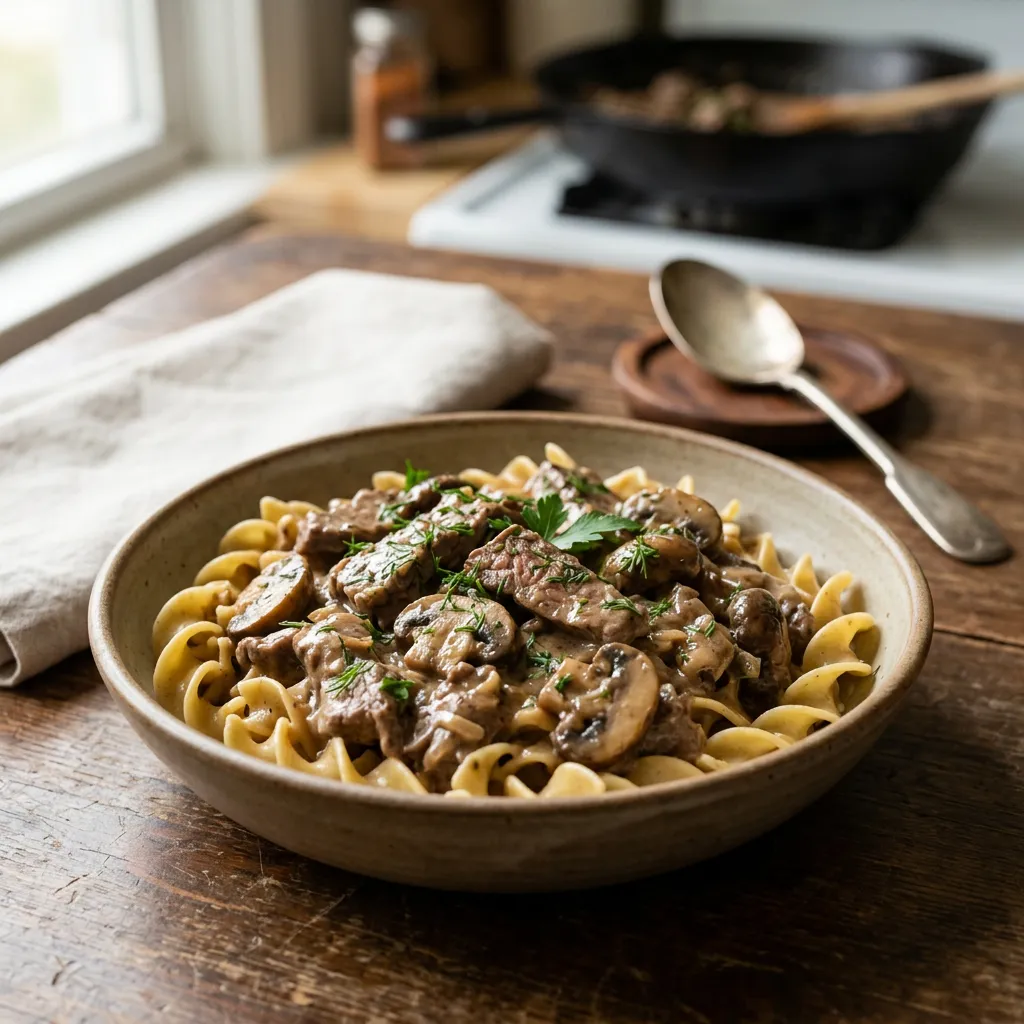 Leftover Steak Stroganoff for Two