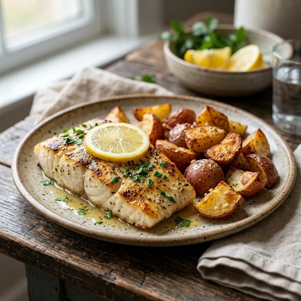 Lemon and Garlic Broiled Halibut Fillets With Roasted Potatoes
