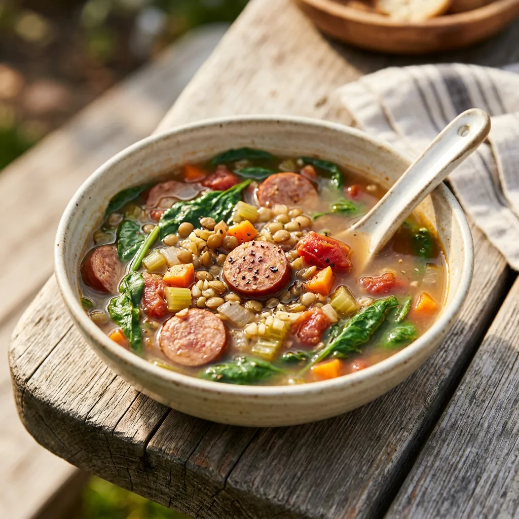 Lentil Soup With Spinach and Spicy Sausage