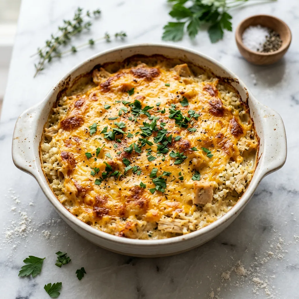 Finished Low-Carb Chicken and Cauliflower Casserole dish