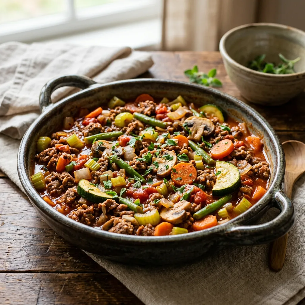 Finished Low-Fat Skillet Ground Beef and Vegetables dish