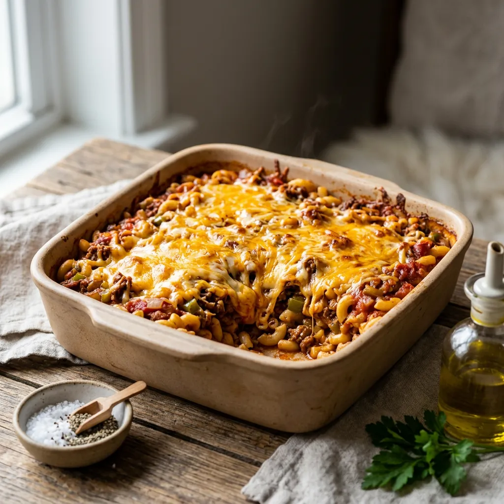 Finished Macaroni and Beef Casserole dish