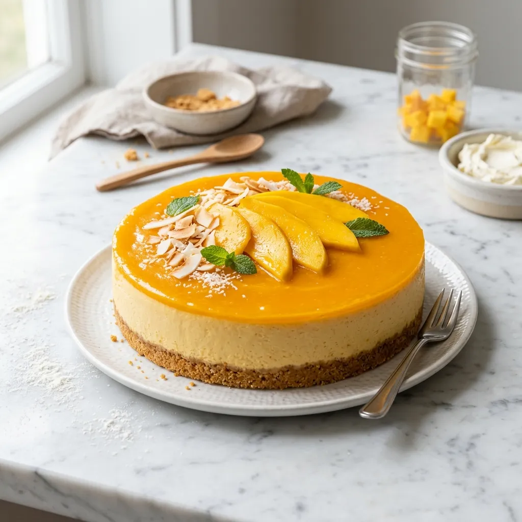 Finished Mango Swirl Cheesecake dish