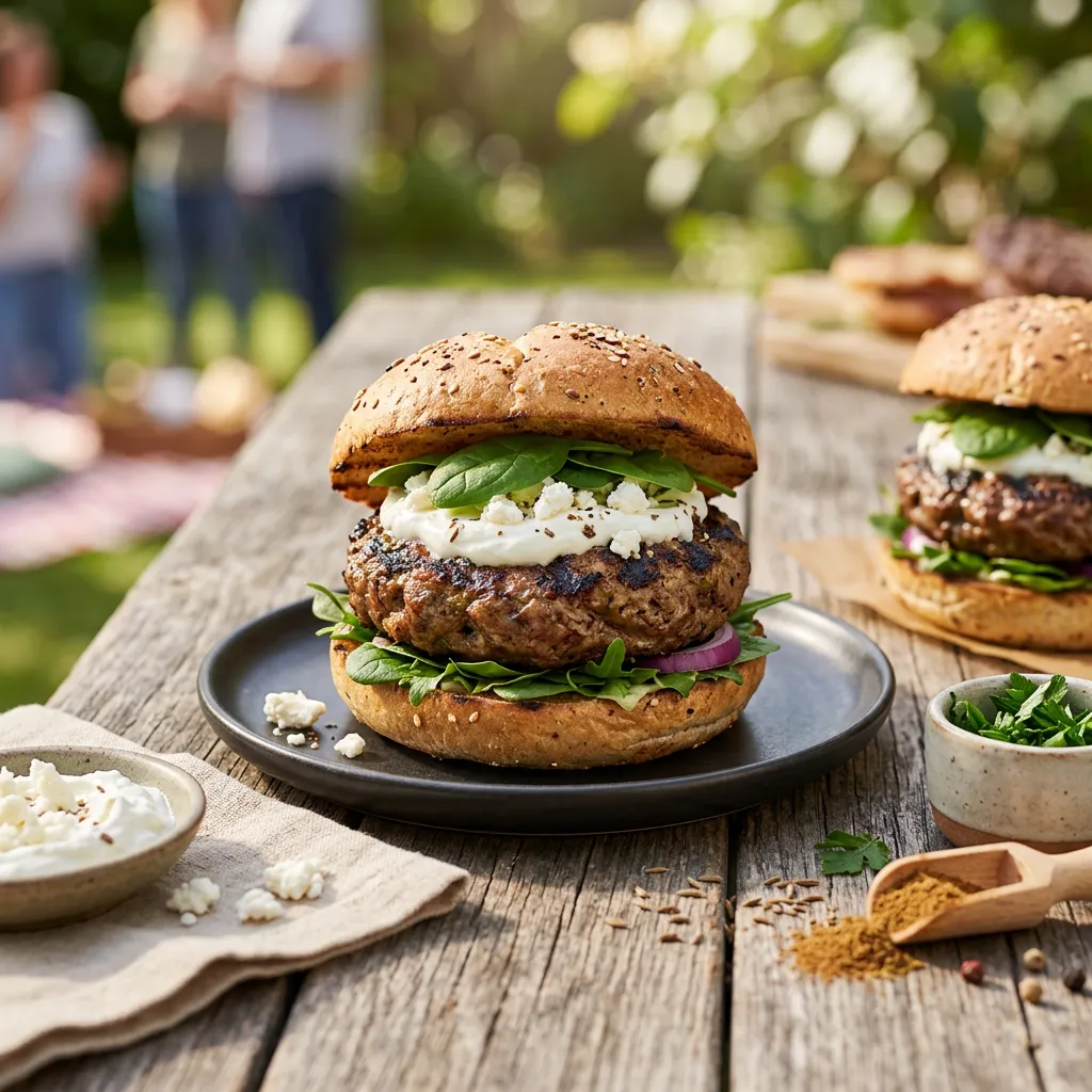 Middle Eastern Spiced Lamb Burgers With Feta and Labneh Recipe