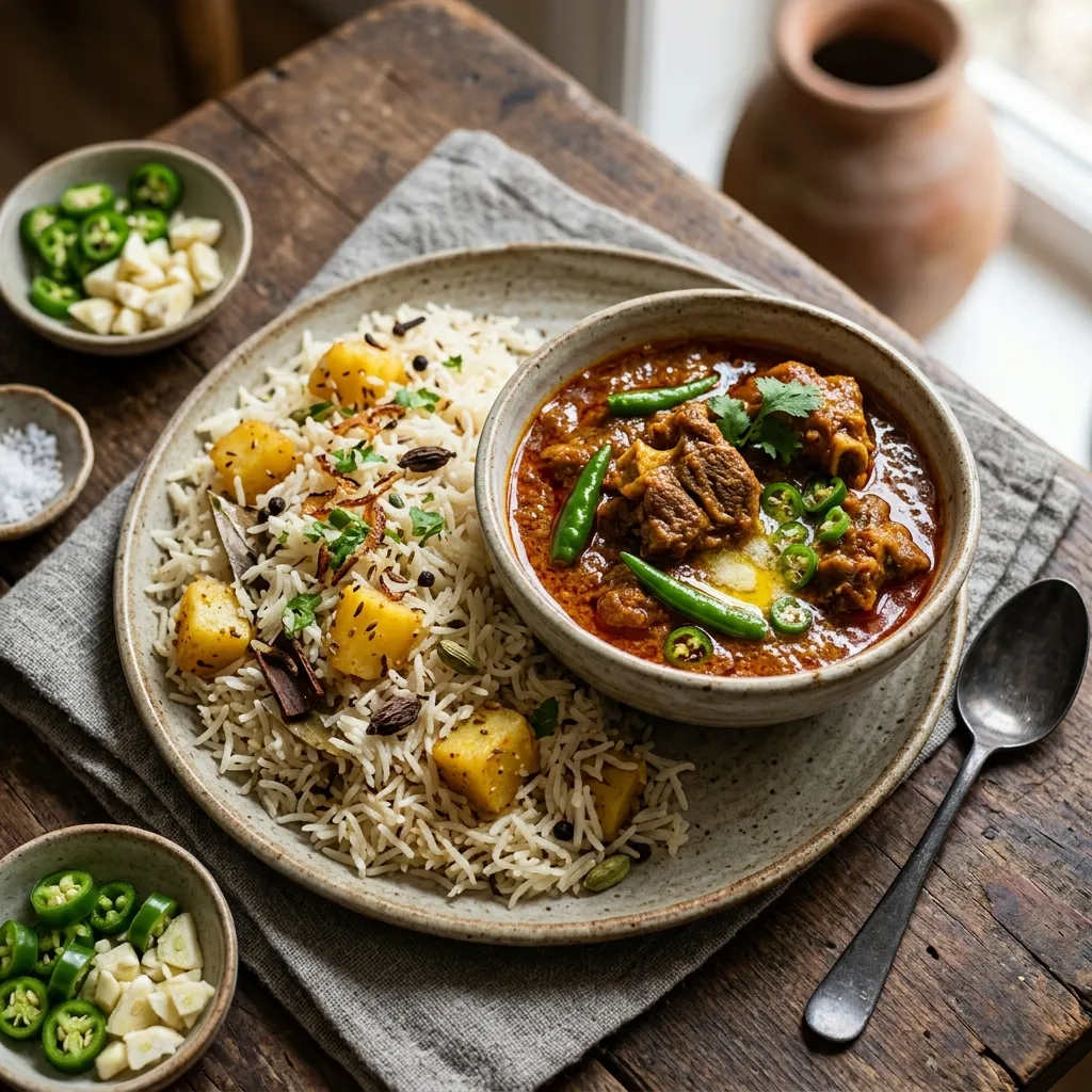 Mirchi Gosht With Rice-Potato Pulao