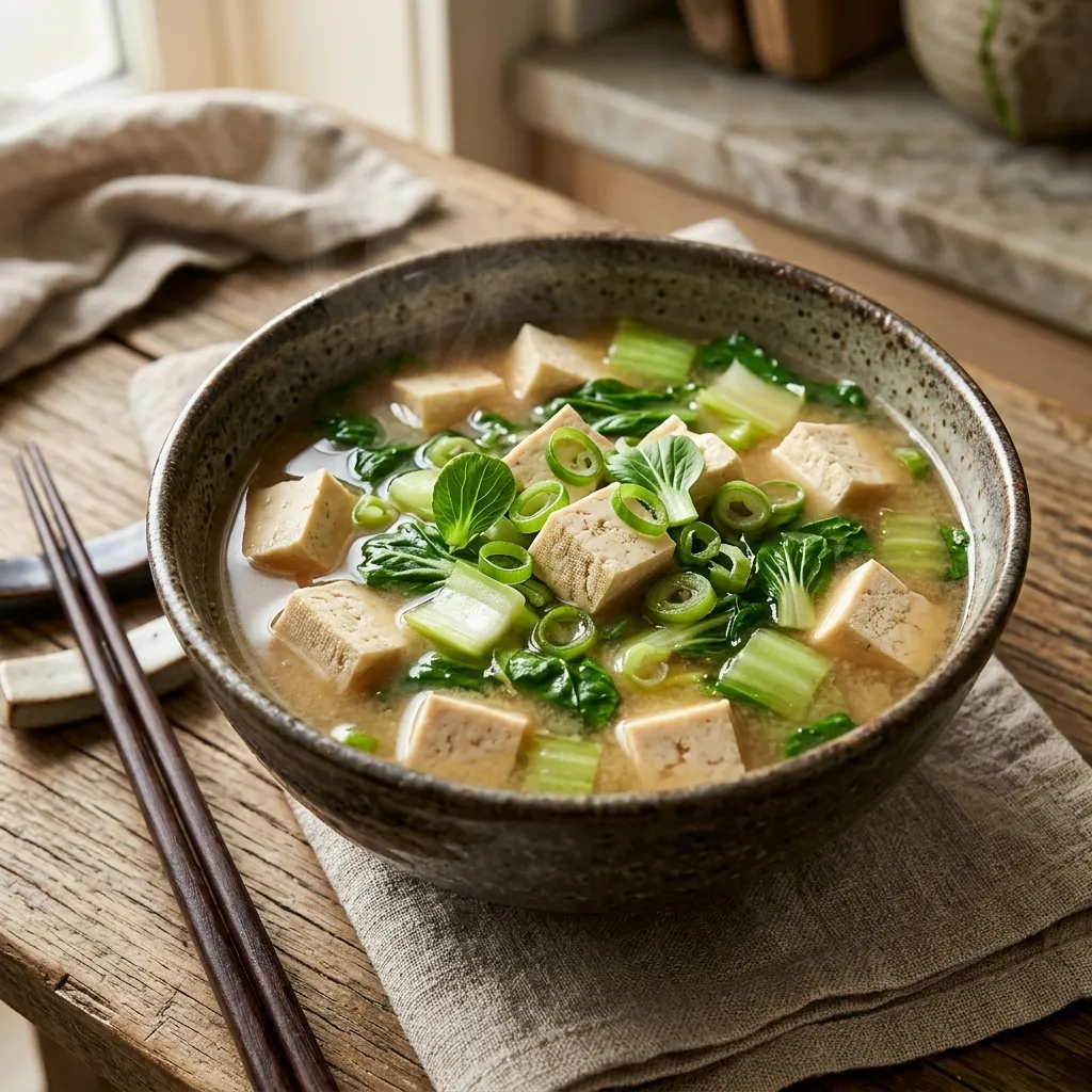 Miso Soup With Tofu, Bok Choy, and Scallions