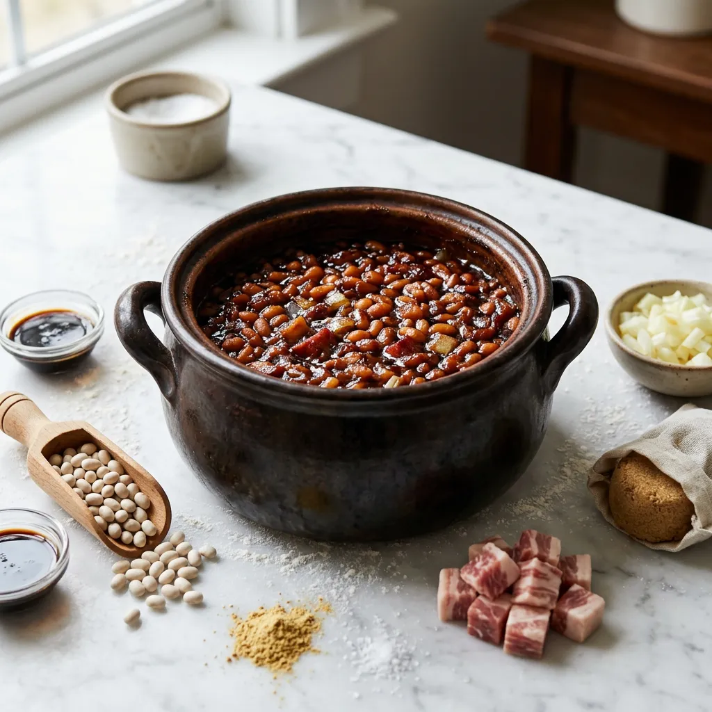 Finished Molasses Baked Beans With Salt Pork dish