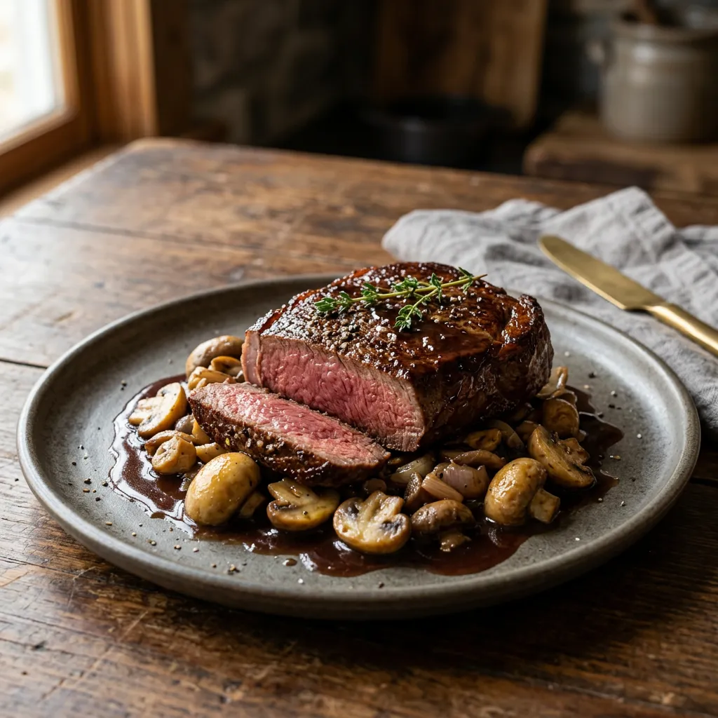 Moose Steak With Sautéed Mushrooms and Red Wine Sauce