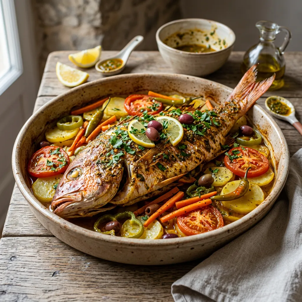 Moroccan Baked Fish Tagine With Potatoes, Carrots, Tomatoes and Peppers Recipe