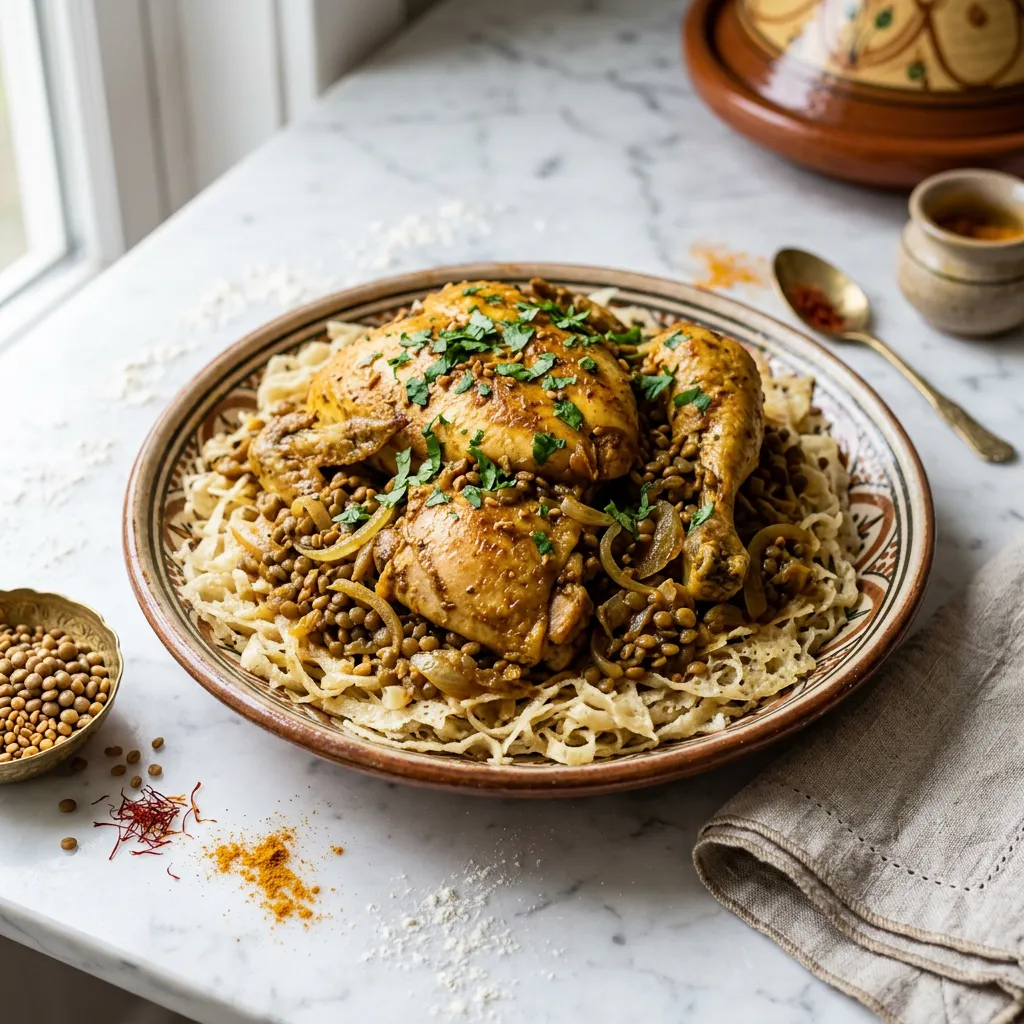 Moroccan Chicken Rfissa - Trid Pastry With Chicken, Lentils, and Fenugreek