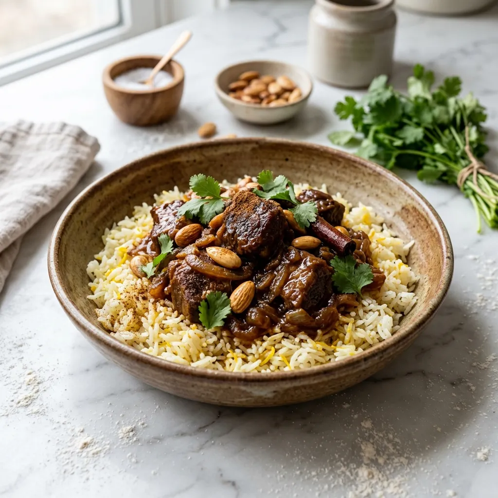 Moroccan Lamb or Beef Recipe With Almonds and Rice