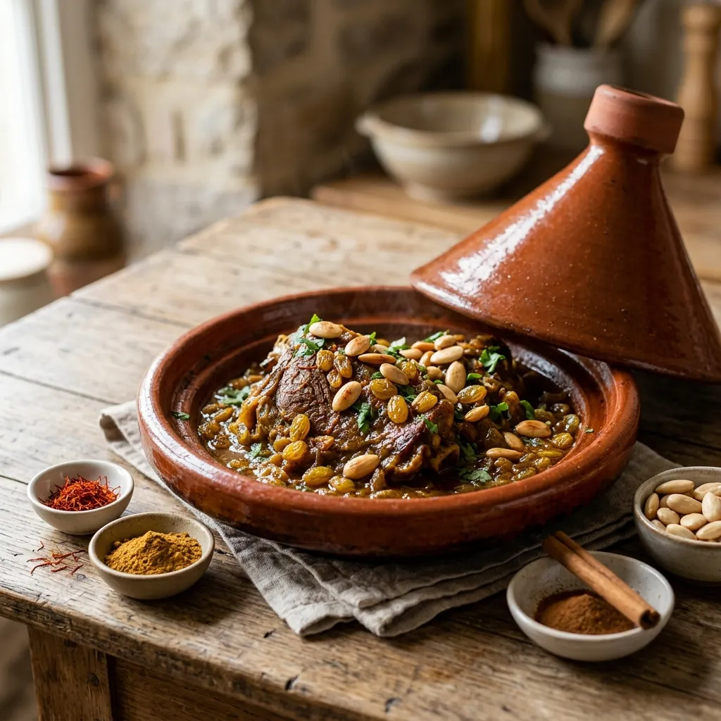 Moroccan Lamb Tagine With Raisins, Almonds, and Honey