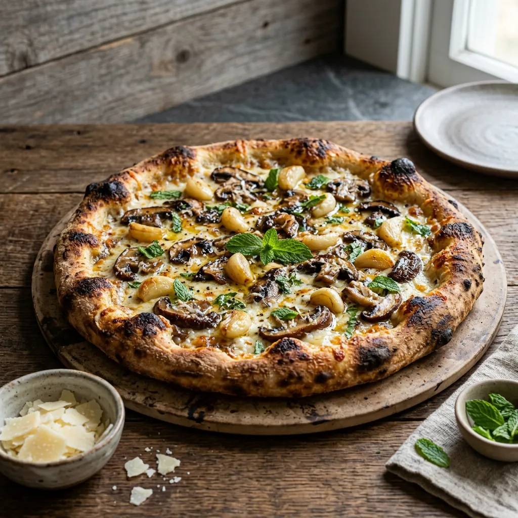 Mushroom Pizza With Roasted Garlic and Mint