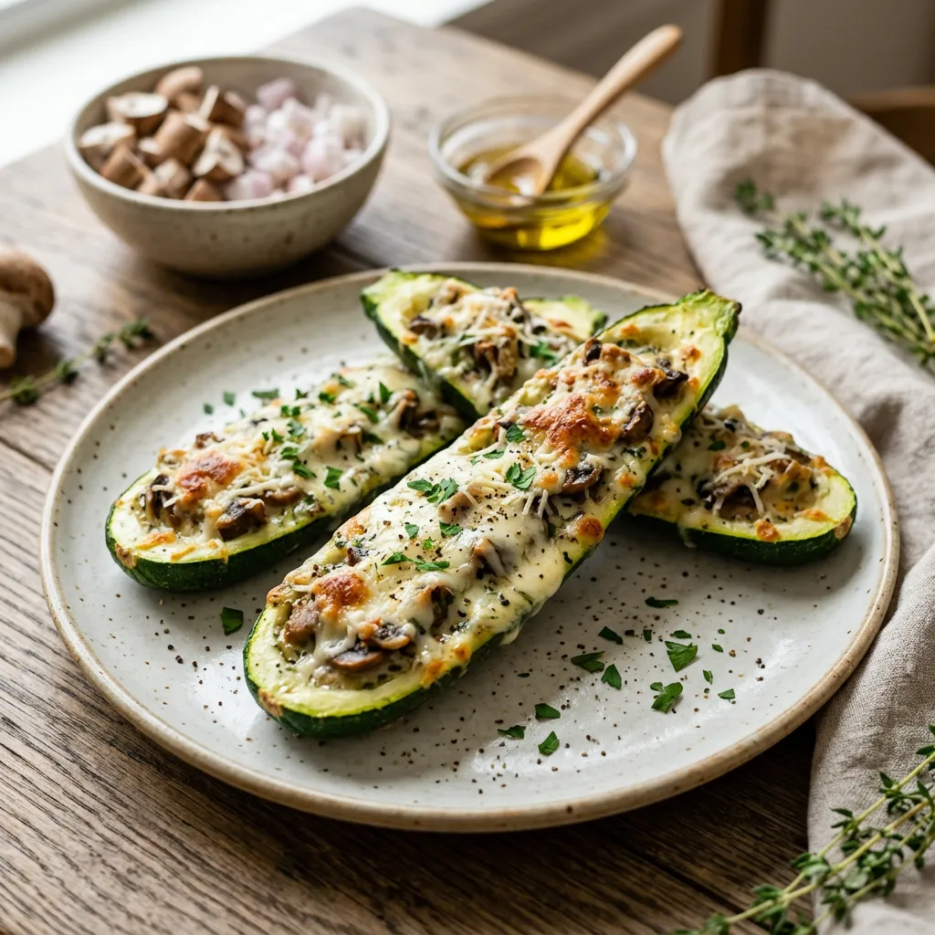 Finished Mushroom-stuffed Zucchini Boats Recipe dish